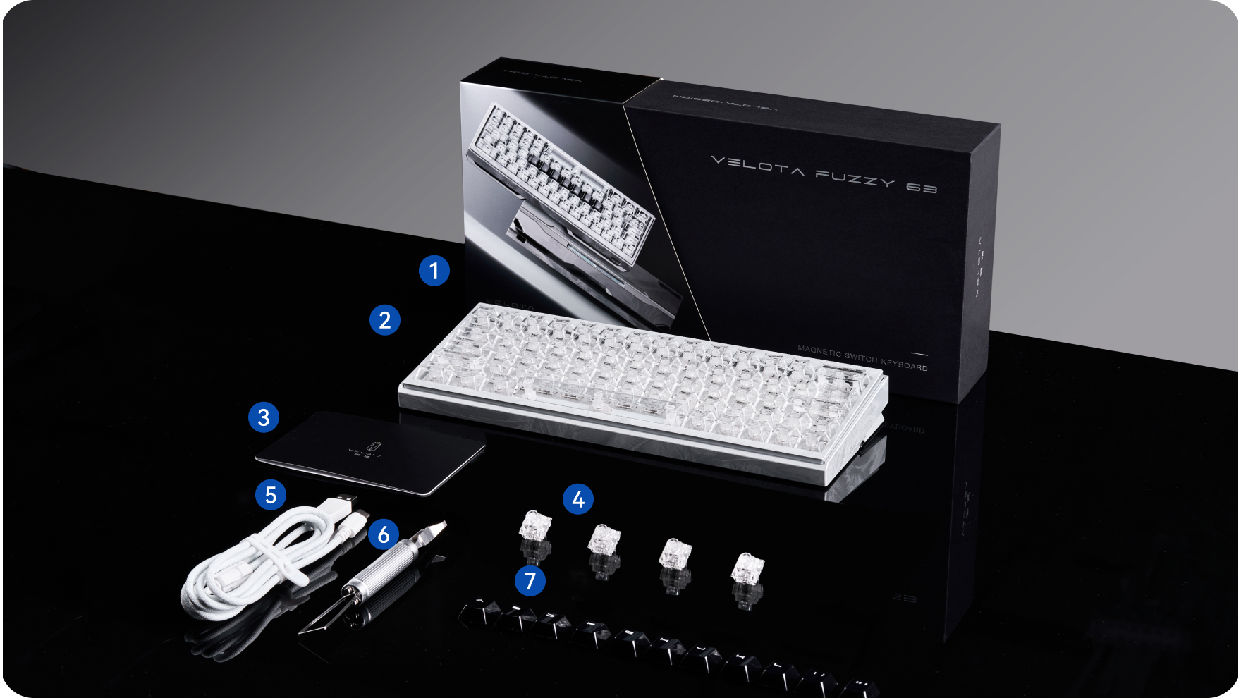 VELOTA FUZZY 63 keyboard package with cable, keycap puller, spare switches and extra keycaps