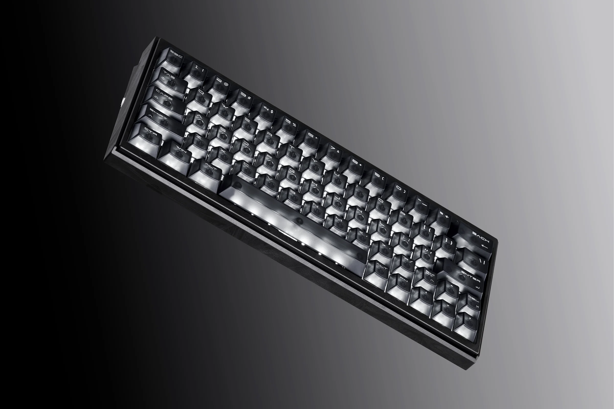 Black VELOTA FUZZY 63 V2 magnetic keyboard with illuminated keys and textured aluminium case
