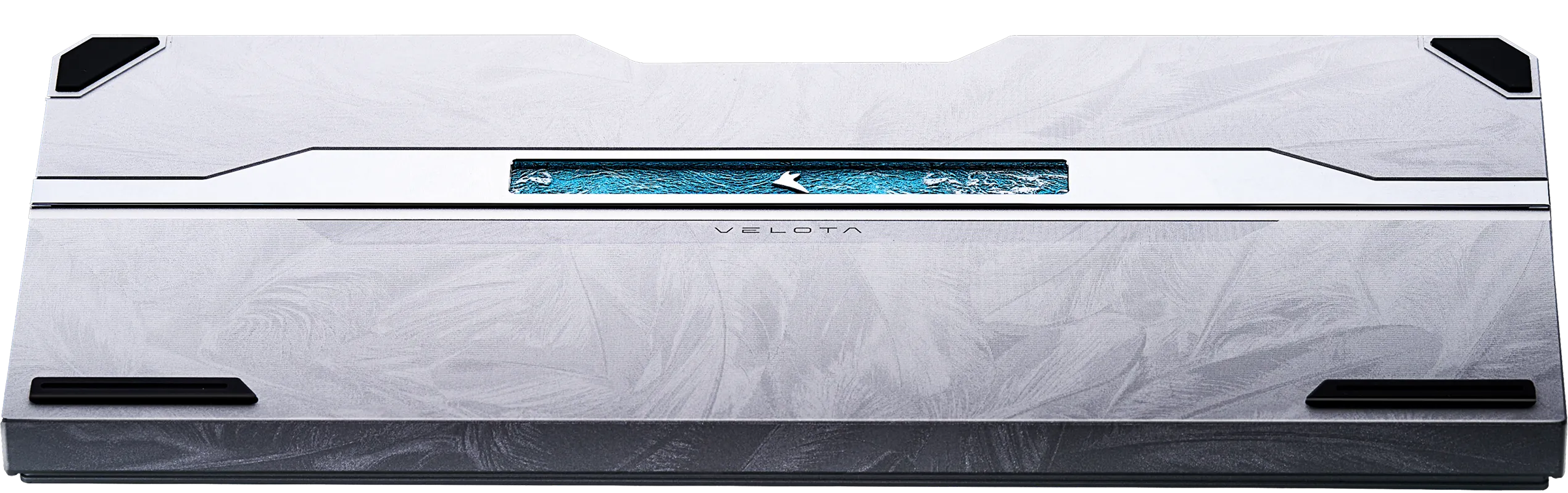 Transparent-background underside view of the silver FUZZY 63 V2 and blue wave detail