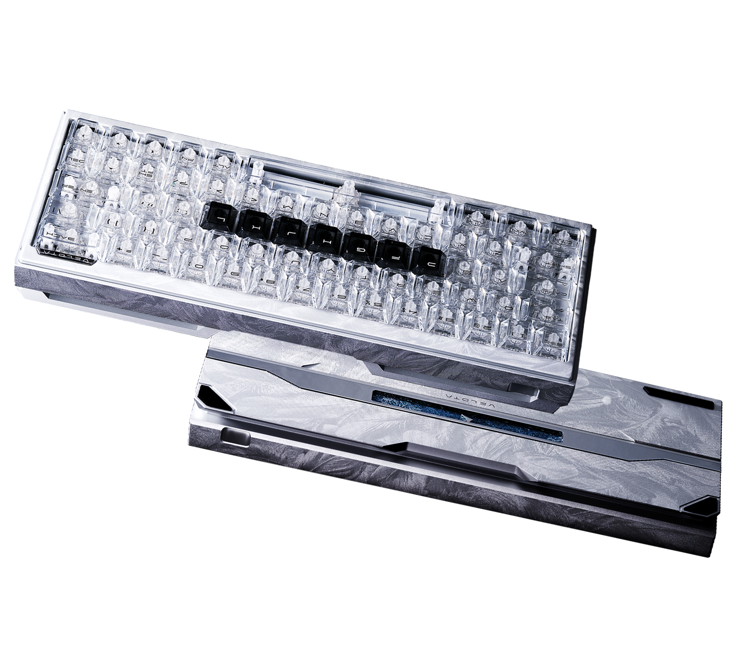 VELOTA FUZZY 63 V2 silver magnetic keyboard, front and underside views